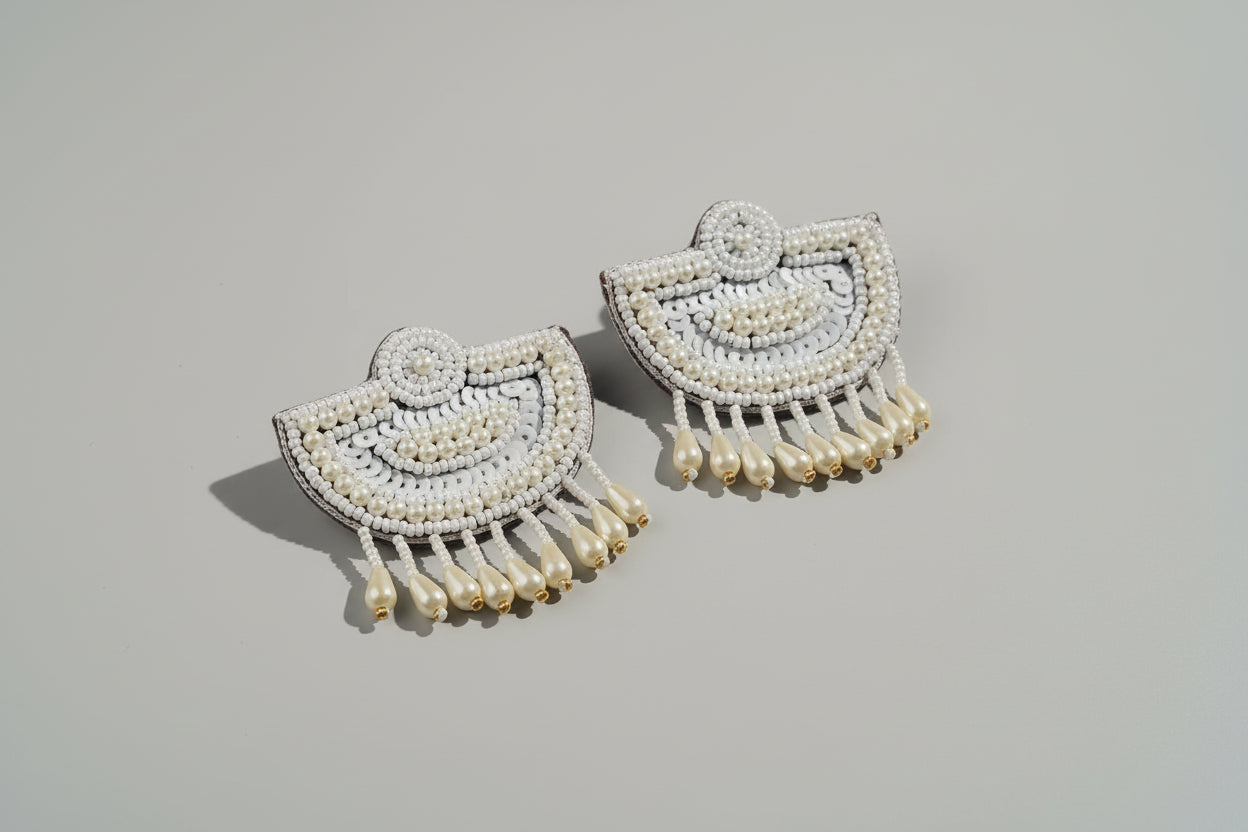 Handcrafted White Beaded Statement Earrings with Pearl Drops
