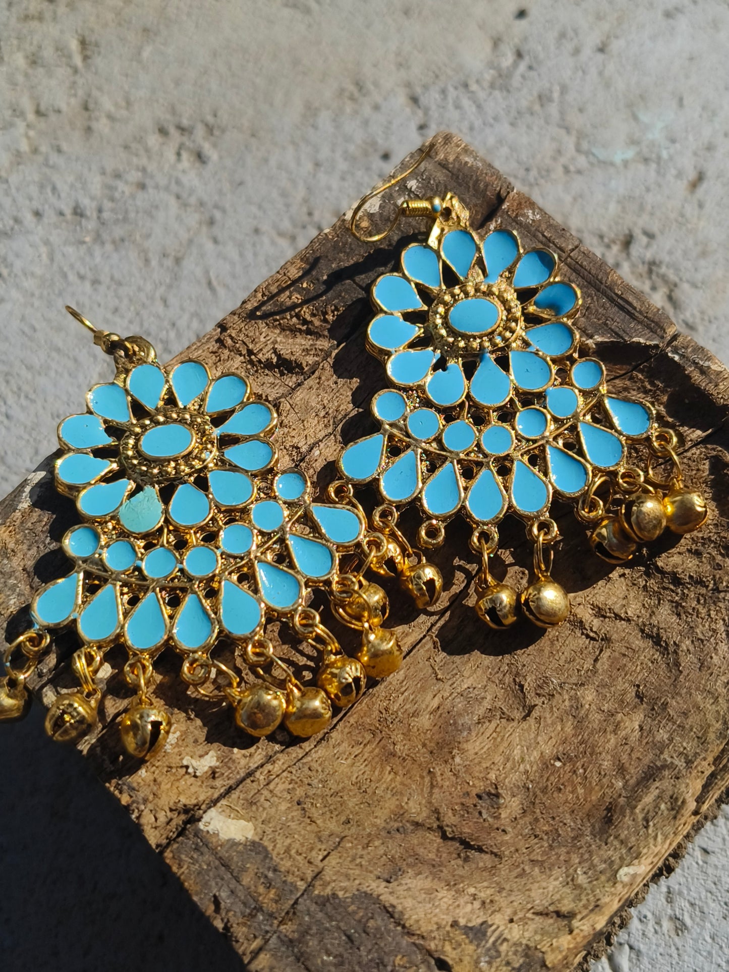 Turquoise Blue Floral Mirror Drop Earrings with Golden Ghungroo
