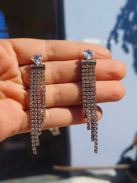 Silver Crystal Long Tassel Earrings | Party Wear