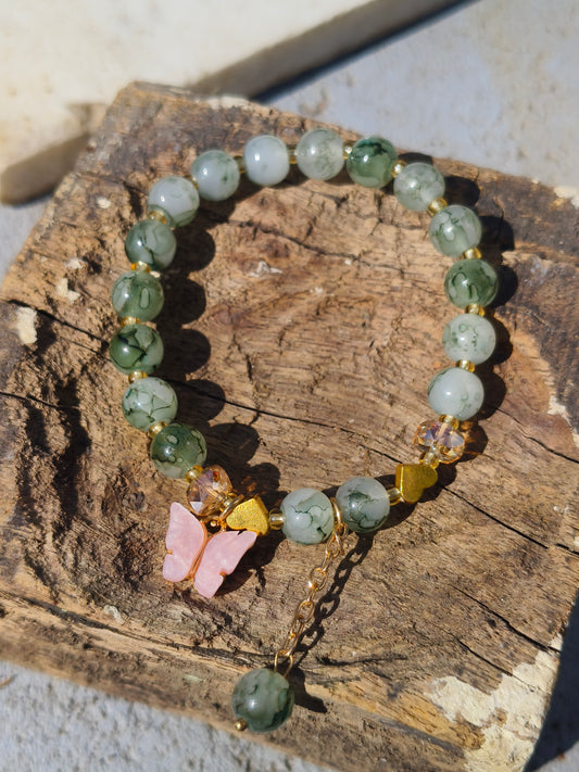 Gray Beaded Bracelet with Multicolor Butterfly Charm