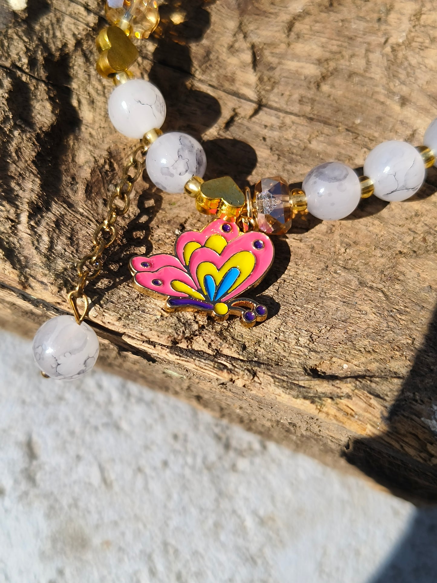 Gray Beaded Bracelet with Multicolor Butterfly Charm