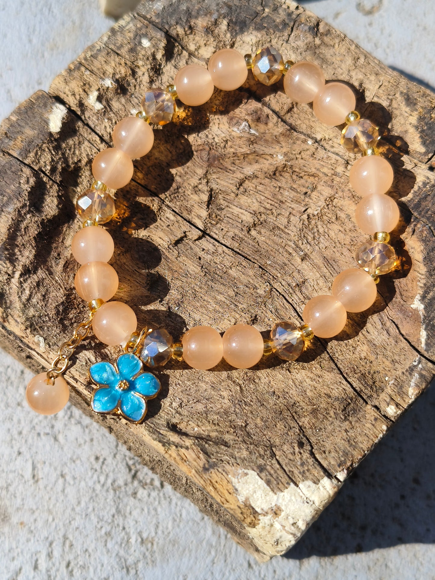 Peach Beaded Bracelet with Blue Flower Charm | Elegant Everyday Jewelry