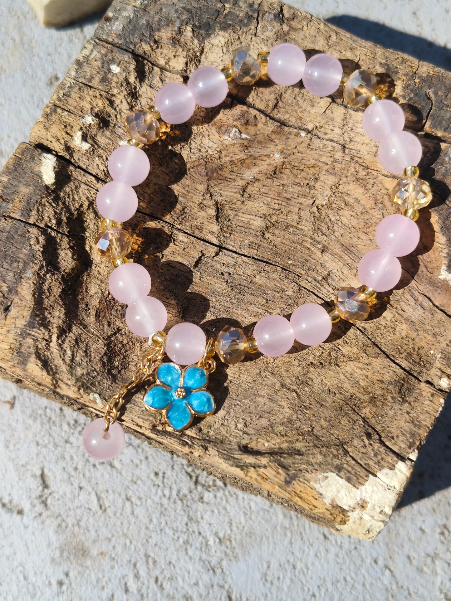 Pink Beaded Bracelet with Blue Flower Charm | Elegant Everyday Jewelry