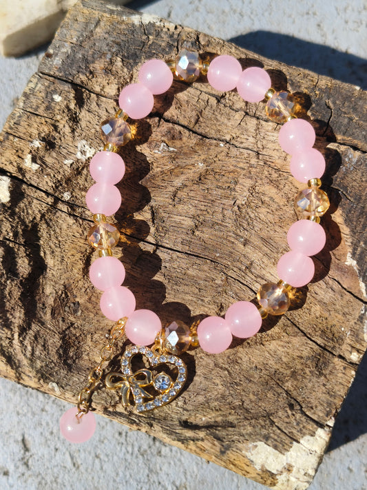 Pink Beaded Bracelet with Crystal Heart Bow Charm | Elegant & Romantic Jewelry