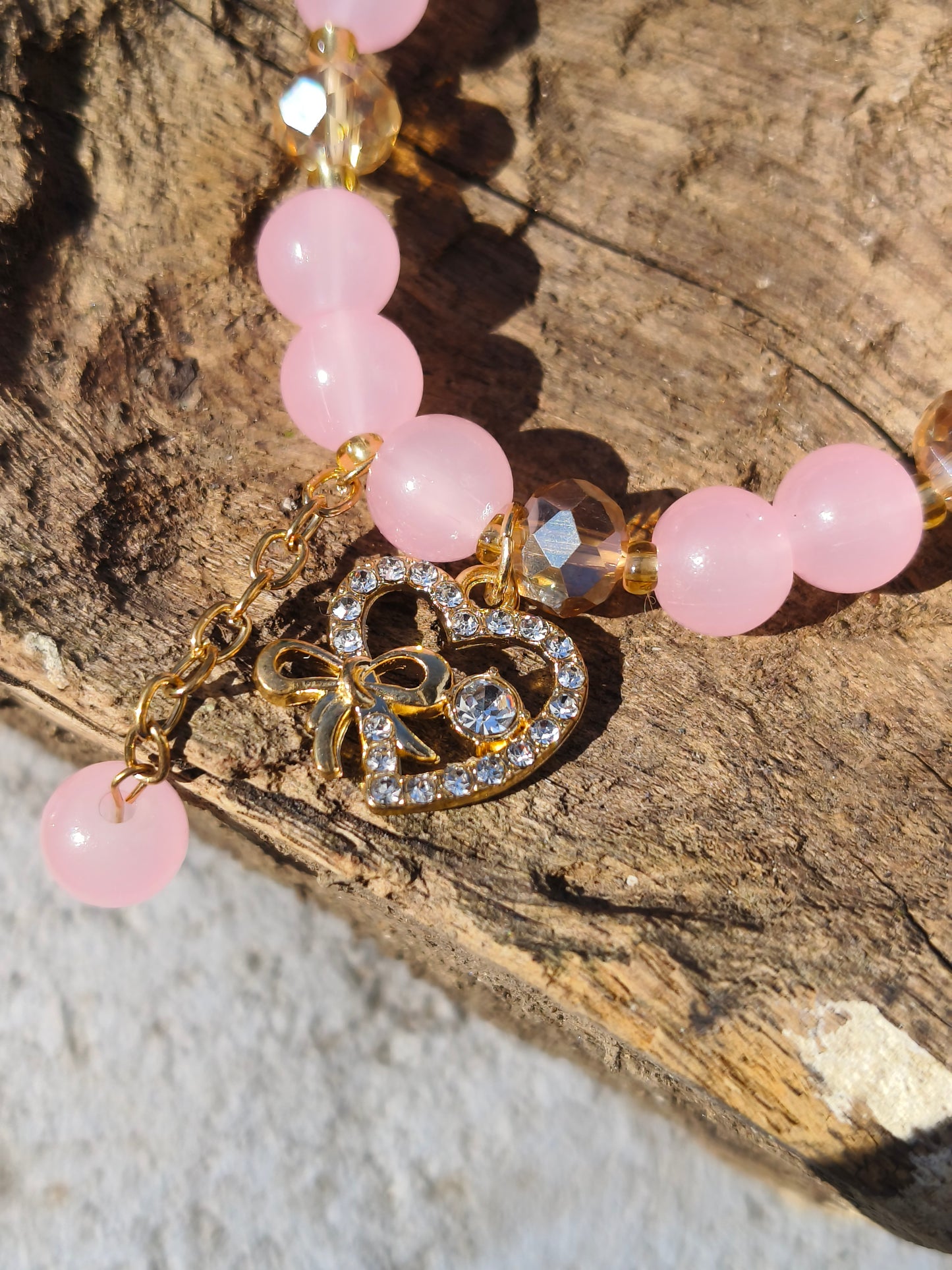 Pink Beaded Bracelet with Crystal Heart Bow Charm | Elegant & Romantic Jewelry
