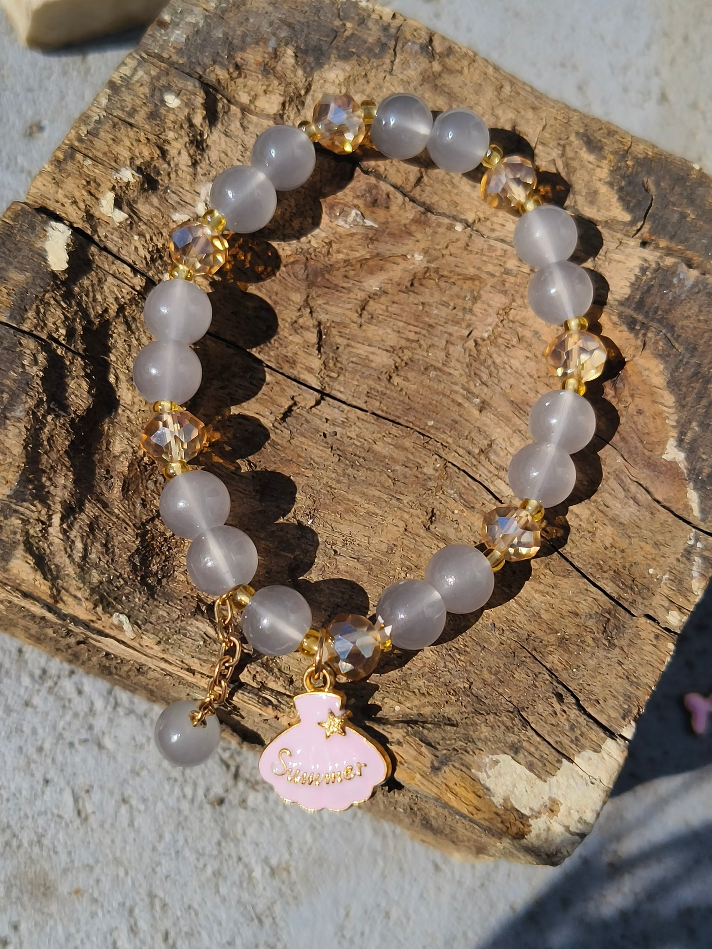 Grey Beaded Bracelet with Crystal Accents & “Shimmer” Charm | Elegant Minimal Jewelry