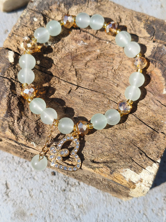 Mint Green Beaded Bracelet with Crystal Heart Butterfly Charm | Elegant Everyday Jewelry