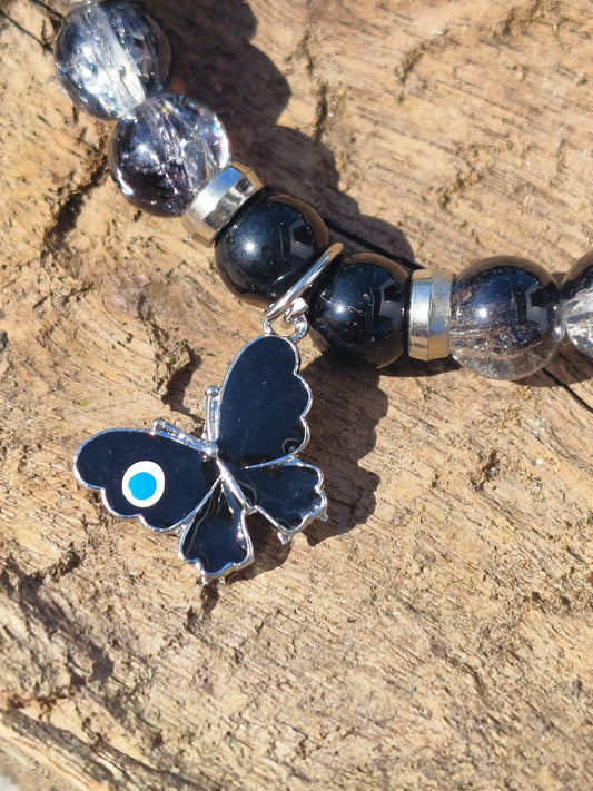 Black Beaded Bracelet with Butterfly Evil Eye Charm