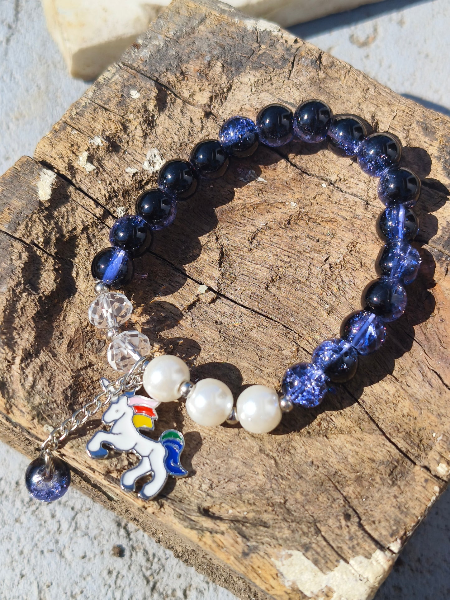 Blue & Black Beaded Bracelet with Pearl Accents and Unicorn Charm