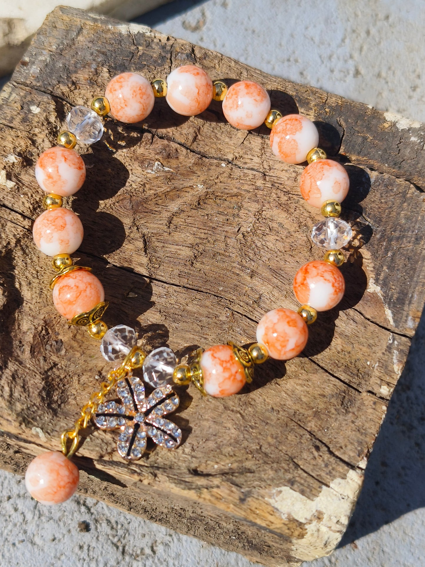Peach Marble Beaded Bracelet with Floral Charm