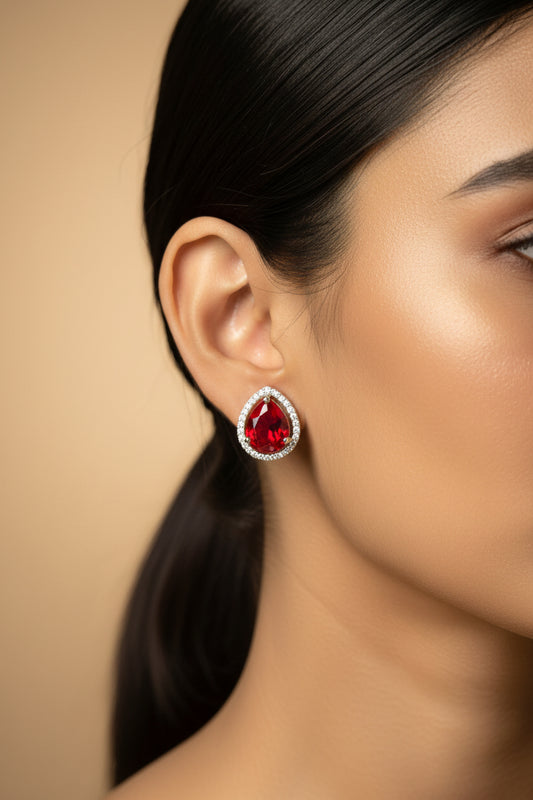 Anti Tarnish Silver Red Teardrop Stud Earrings for Women | AD Border Ruby Look Earrings