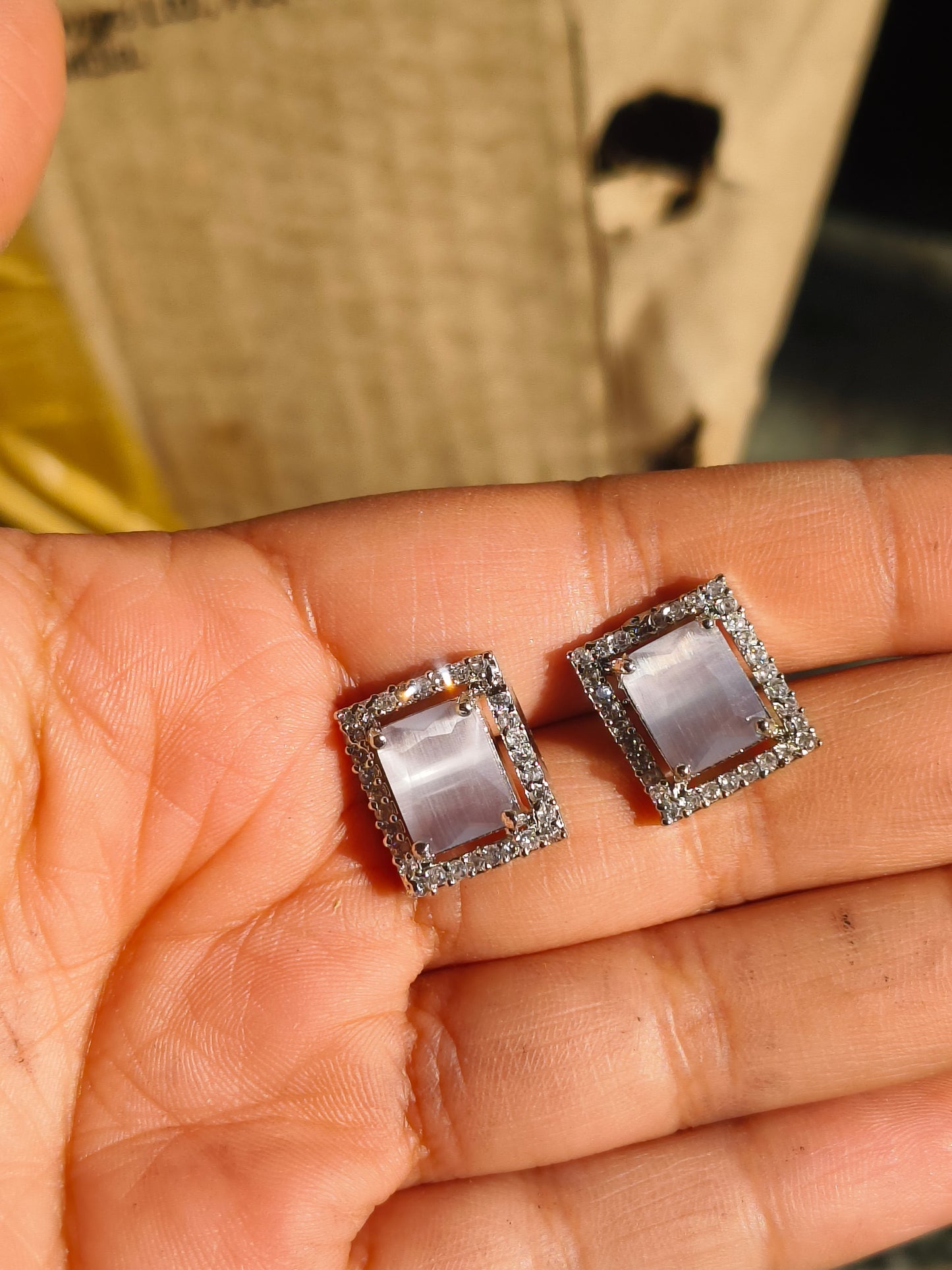 Anti Tarnish Silver Square Stud Earrings for Women | AD Border Cat Eye Stone Earrings