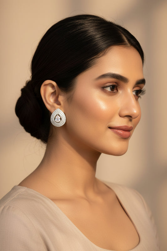 American Diamond Teardrop Stud Earrings with Pavé Halo | Silver Finish
