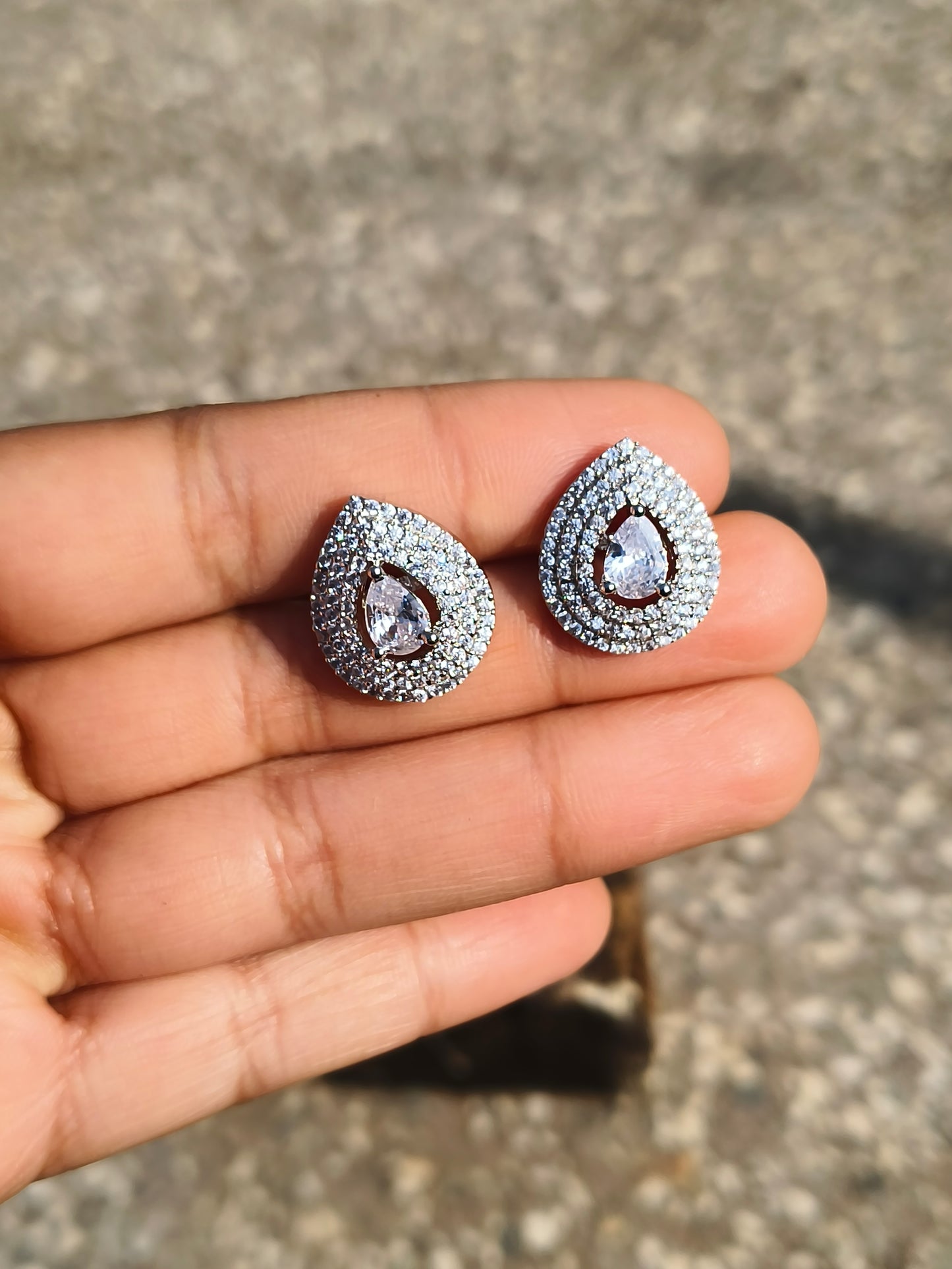 American Diamond Teardrop Stud Earrings with Pavé Halo | Silver Finish