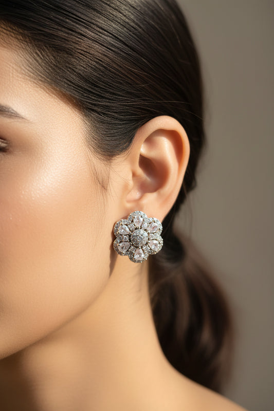 American Diamond Floral Stud Earrings | Silver Finish AD Earrings