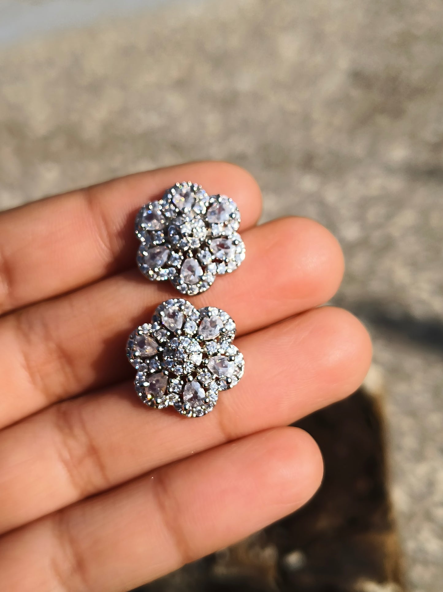 American Diamond Floral Stud Earrings | Silver Finish AD Earrings