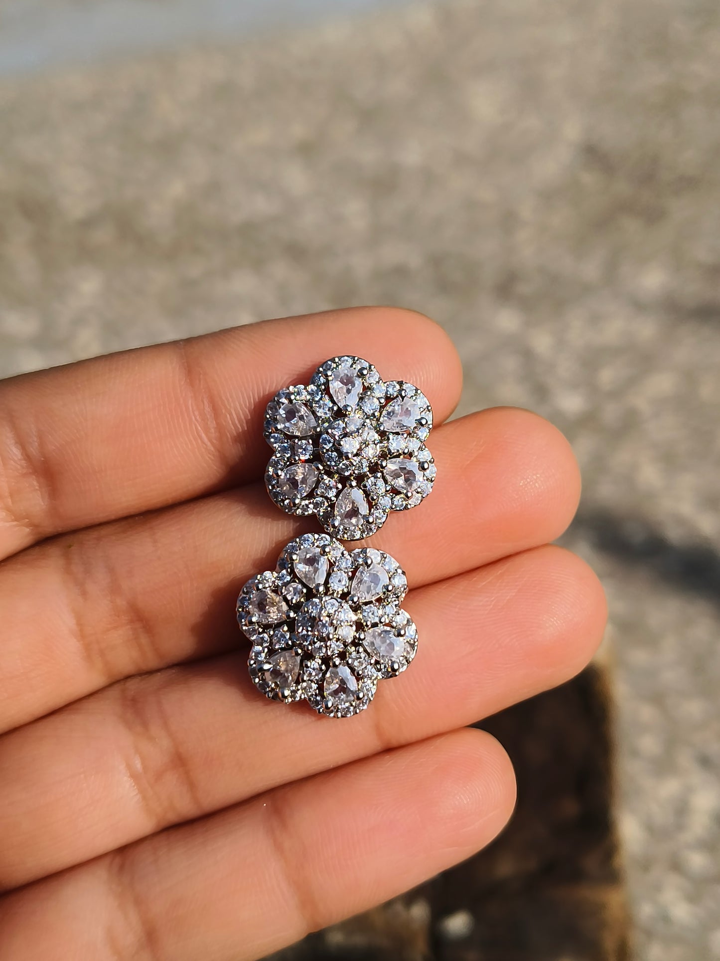 American Diamond Floral Stud Earrings | Silver Finish AD Earrings