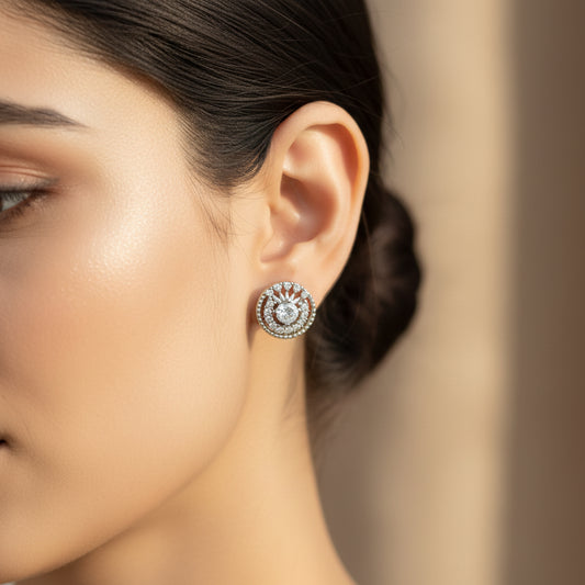 American Diamond Round Stud Earrings with Spiral Halo
