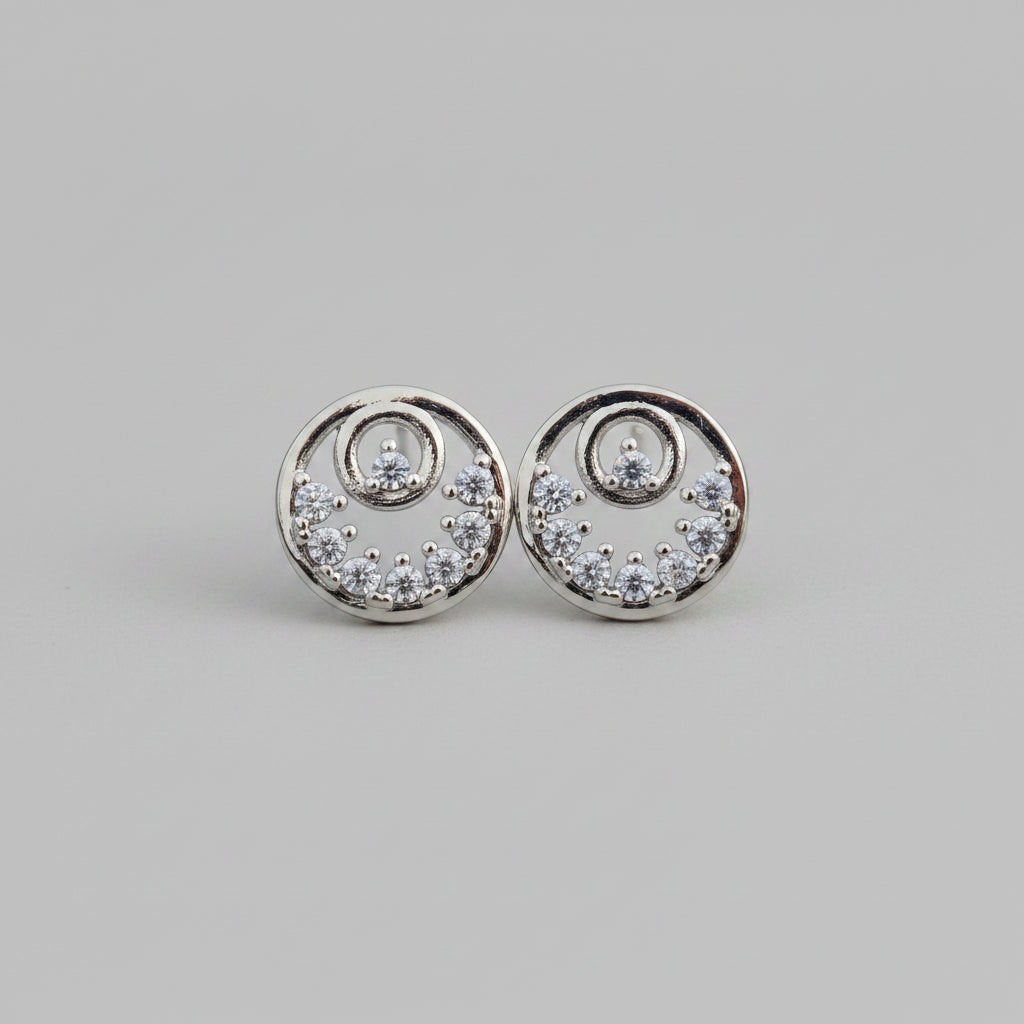 American Diamond Swirl Round Stud Earrings | Silver Finish AD Earrings