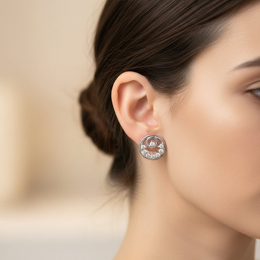 American Diamond Swirl Round Stud Earrings | Silver Finish AD Earrings