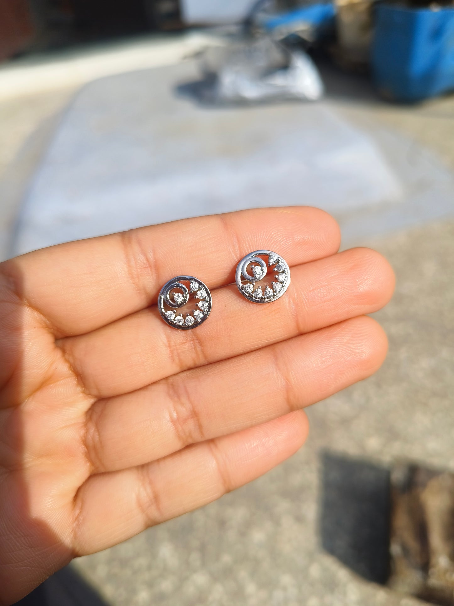 American Diamond Swirl Round Stud Earrings | Silver Finish AD Earrings