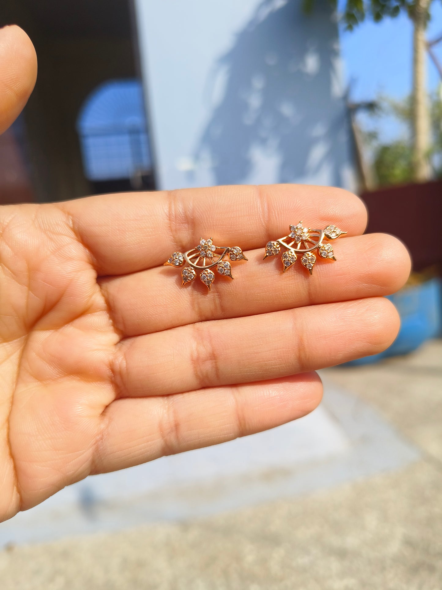 Gold-Tone Floral Fan American Diamond Stud Earrings | Elegant Ethnic Studs