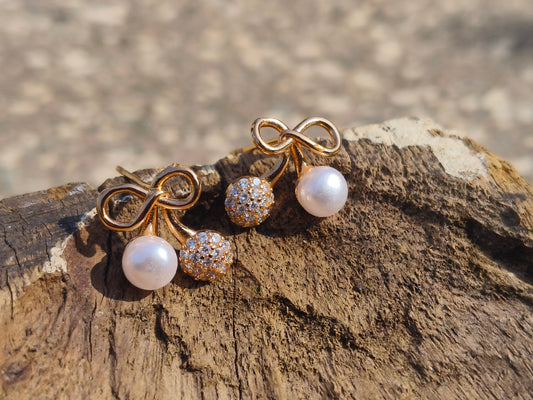 Gold-Tone Bow Pearl & American Diamond Stud Earrings | Elegant Everyday Earrings