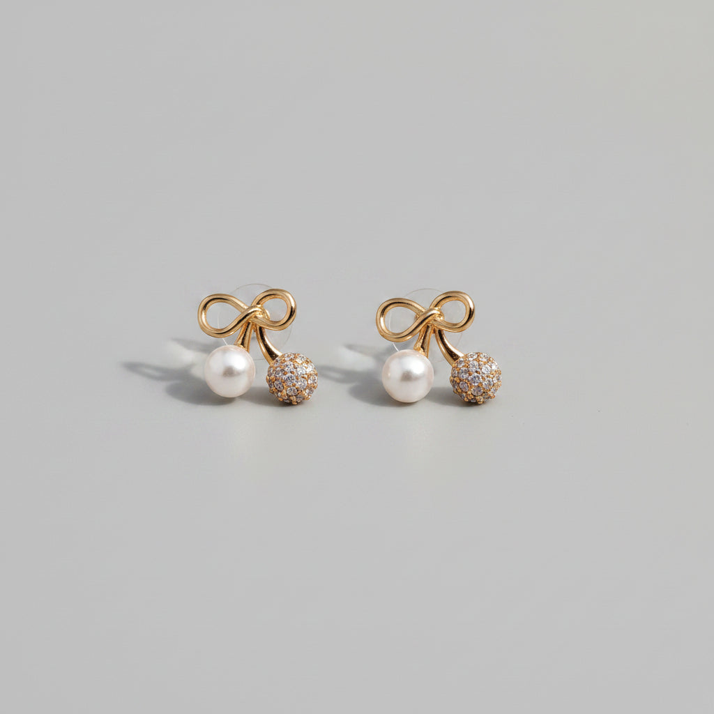 Gold-Tone Bow Pearl & American Diamond Stud Earrings | Elegant Everyday Earrings