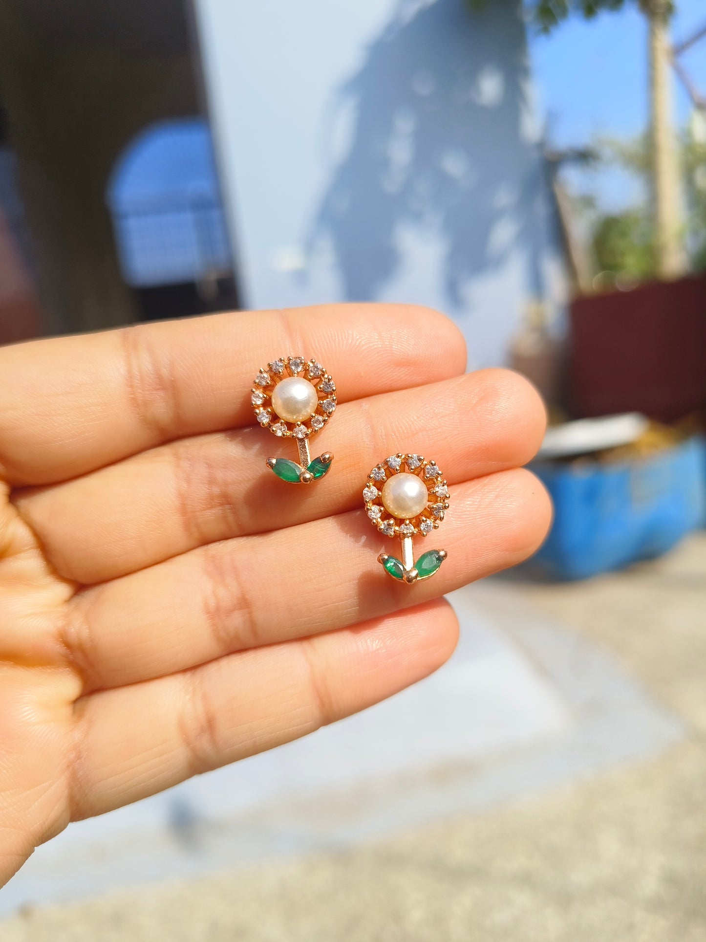 ROSE Gold-Tone Floral Pearl American Diamond Stud Earrings | Elegant Daily Wear Earrings