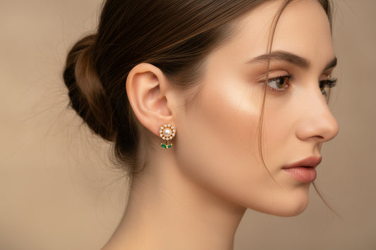 ROSE Gold-Tone Floral Pearl American Diamond Stud Earrings | Elegant Daily Wear Earrings
