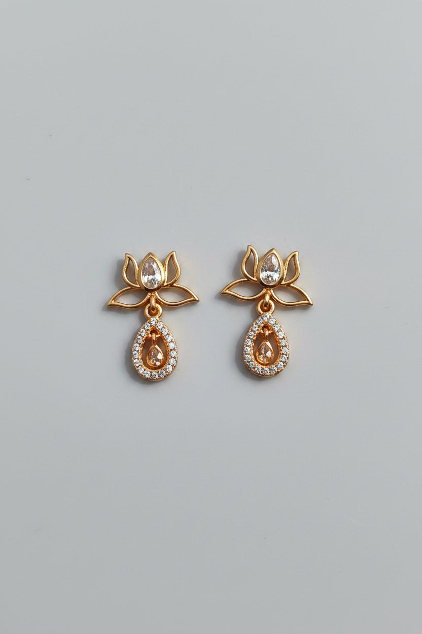 ROSE Gold Plated Lotus Drop Earrings | AD Stone Anti-Tarnish Traditional Earrings