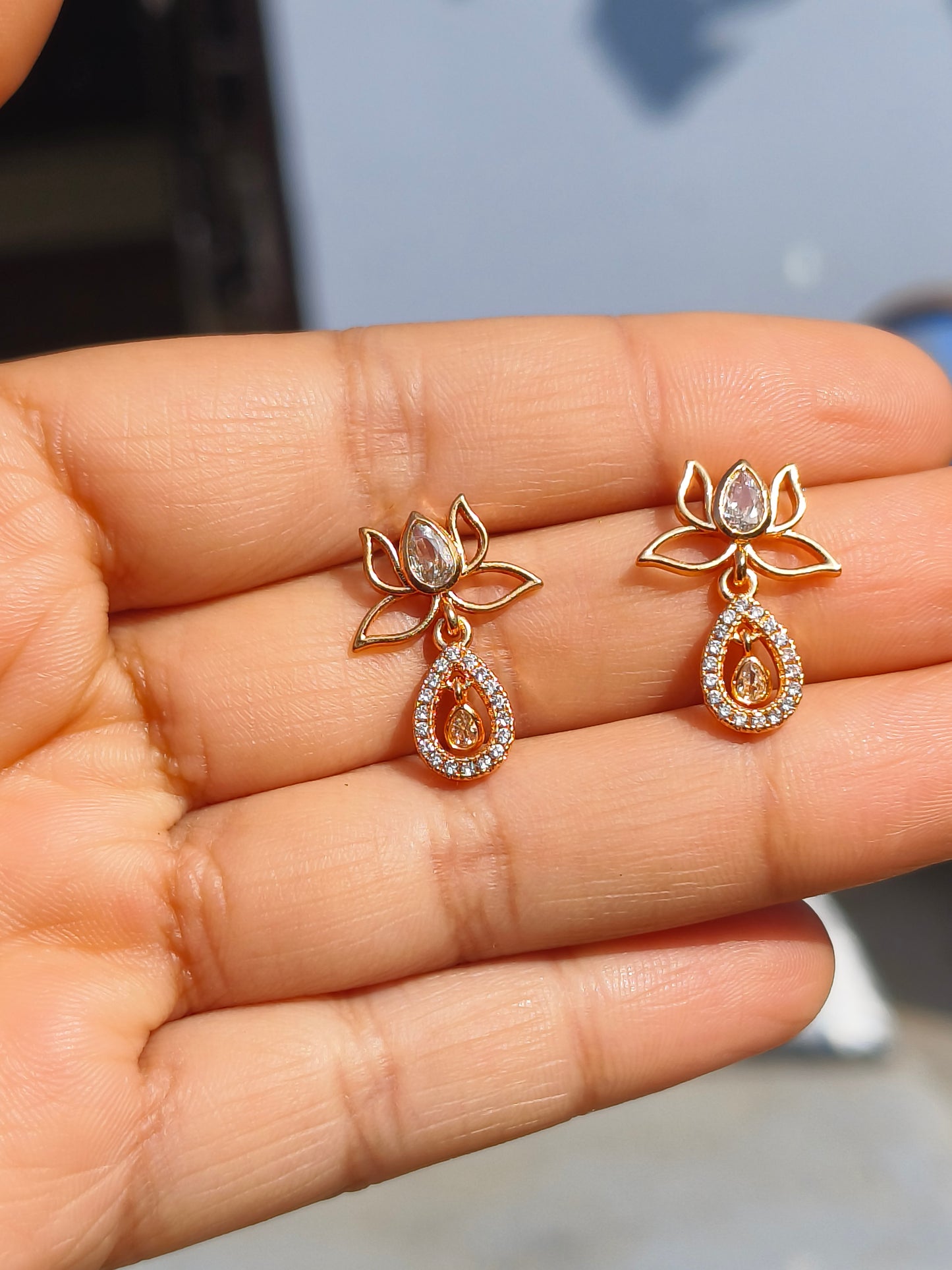 ROSE Gold Plated Lotus Drop Earrings | AD Stone Anti-Tarnish Traditional Earrings