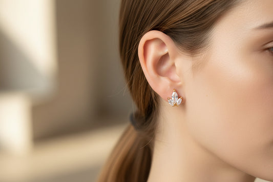 Lotus Inspired American Diamond Stud Earrings | Minimal Gold Finish AD Earrings for Women