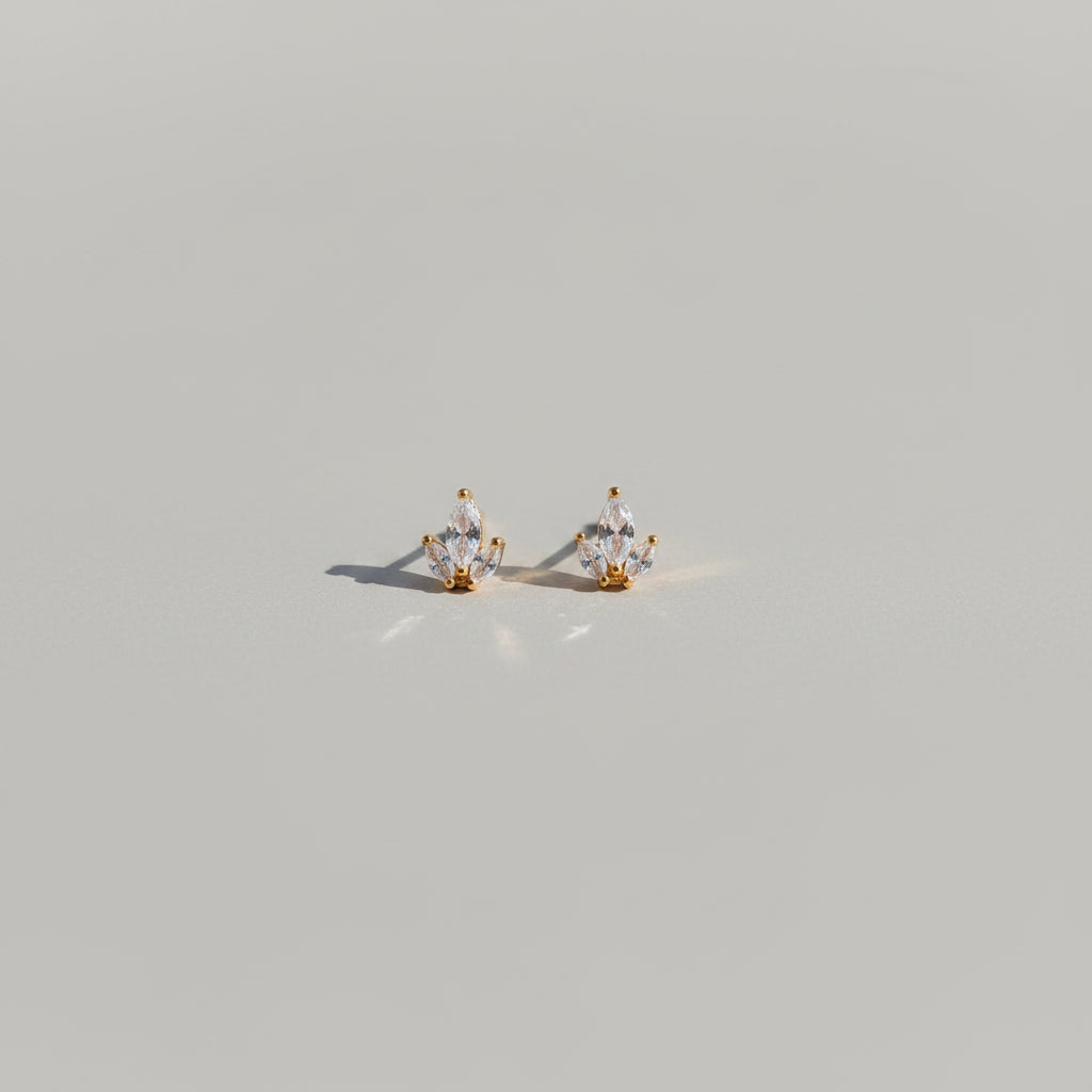 Lotus Inspired American Diamond Stud Earrings | Minimal Gold Finish AD Earrings for Women