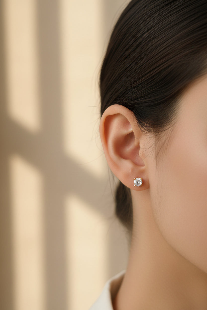 Classic American Diamond Solitaire Stud Earrings | Gold Finish Minimal Earrings for Women
