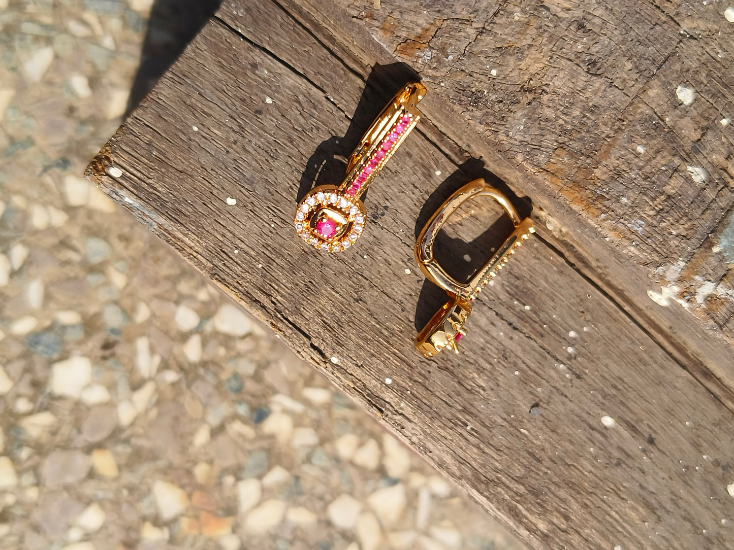 Pink Stone American Diamond Hoop Earrings | Gold Finish Designer Hoops for Women