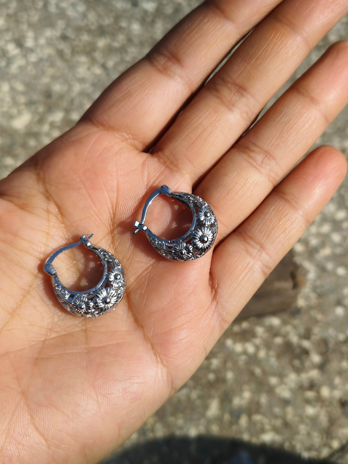 Anti Tarnish Silver Hoop Earrings for Women | Floral Design Lightweight Daily Wear Hoops