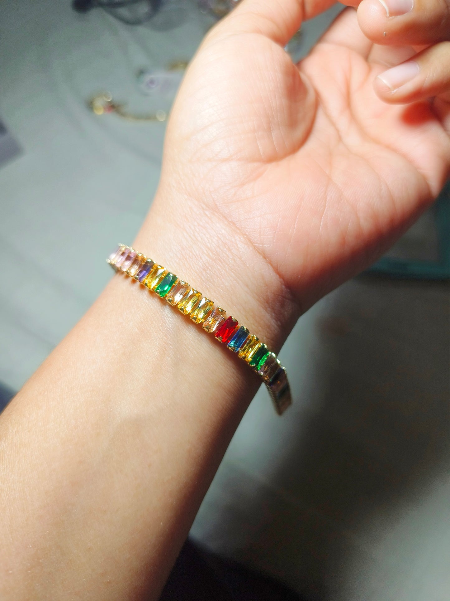 Multicolor Tennis Bracelet for Women | Rainbow Baguette Stone Gold Finish Bracelet
