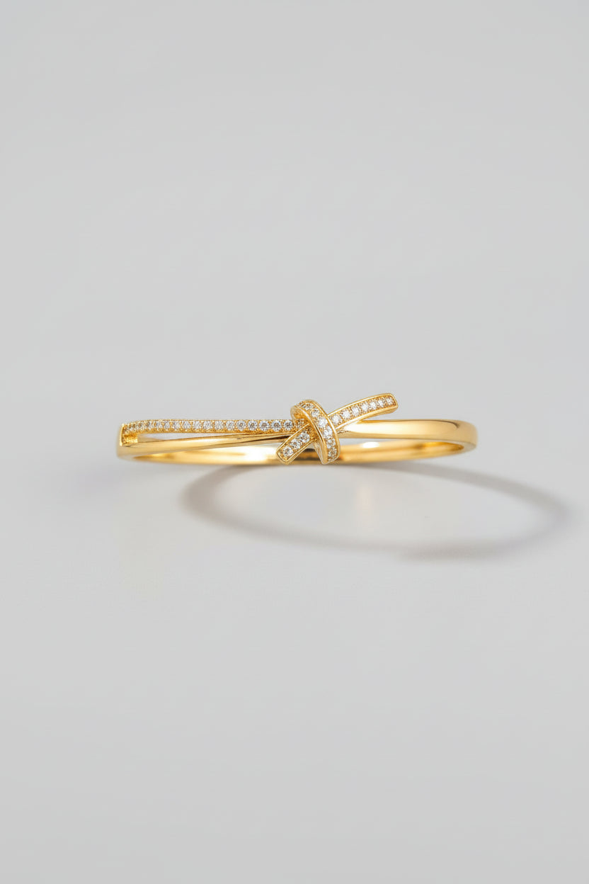 Gold Plated Knot Cuff Bracelet for Women | Crystal Studded Open Bangle | Anti Tarnish Adjustable Minimal Bracelet for Daily & Party Wear