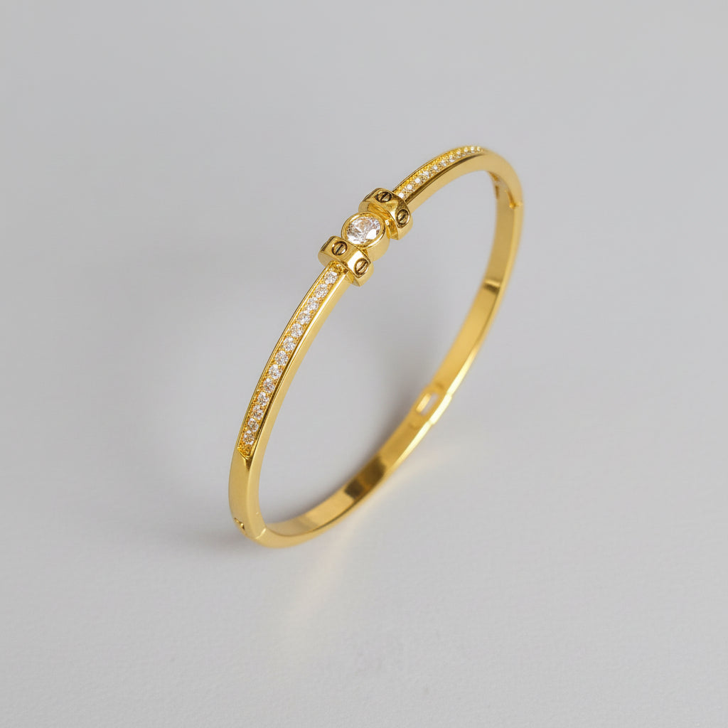 Minimal Screw Design Gold Plated AD Bracelet for Women | Anti Tarnish American Diamond Cuff Bracelet | Elegant Daily Wear Kada