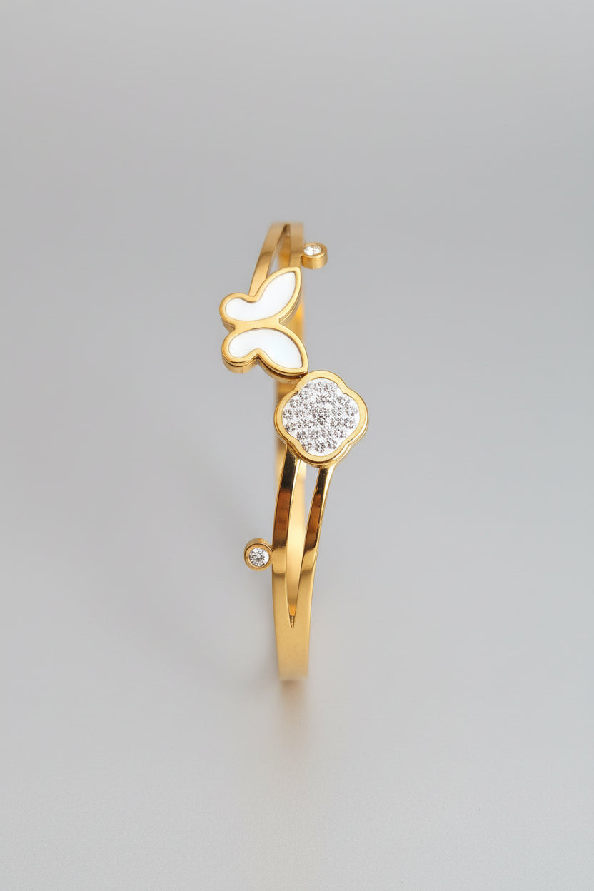 Luxury Butterfly & Clover Open Cuff Bracelet for Women | Gold Plated Anti Tarnish Adjustable Bangle | Korean Style Minimal Designer Bracelet