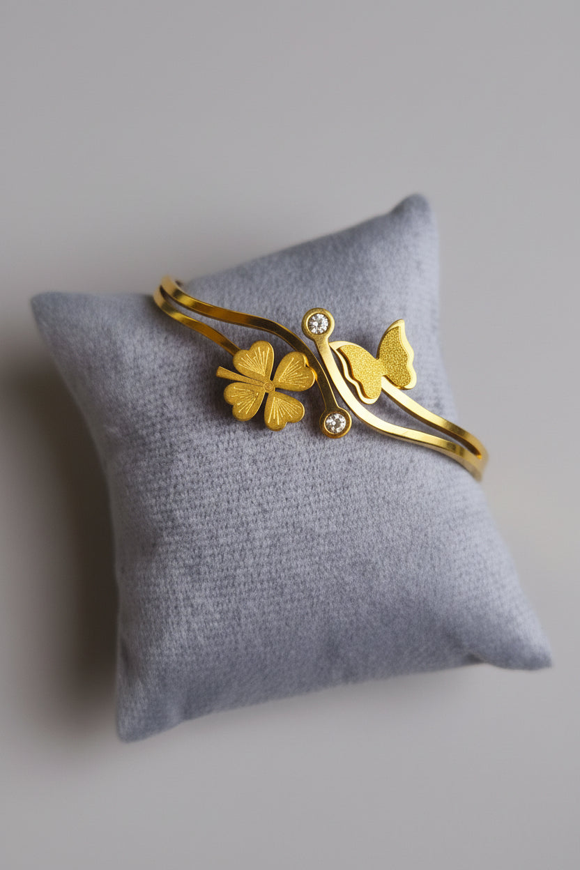 Gold Plated Butterfly & Clover Bracelet for Women | Elegant Crystal Designer Open Bangle