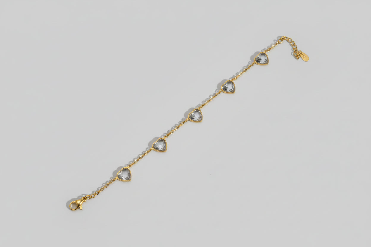 Gold Heart Crystal Chain Bracelet for Women | Dainty Adjustable Heart Link Bracelet | Minimal Romantic Jewelry