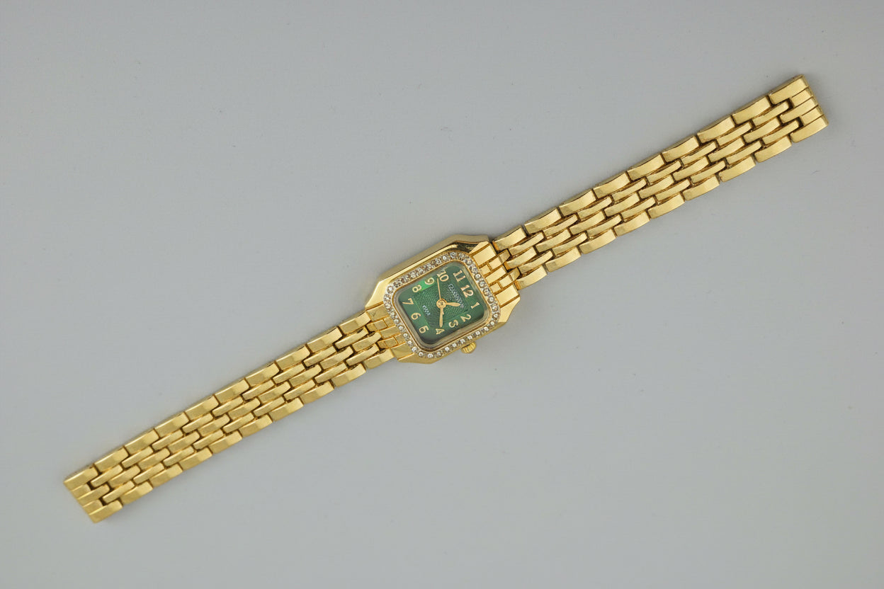 Luxury Gold Bracelet Watch for Women with Green Dial & Stone Studded Bezel