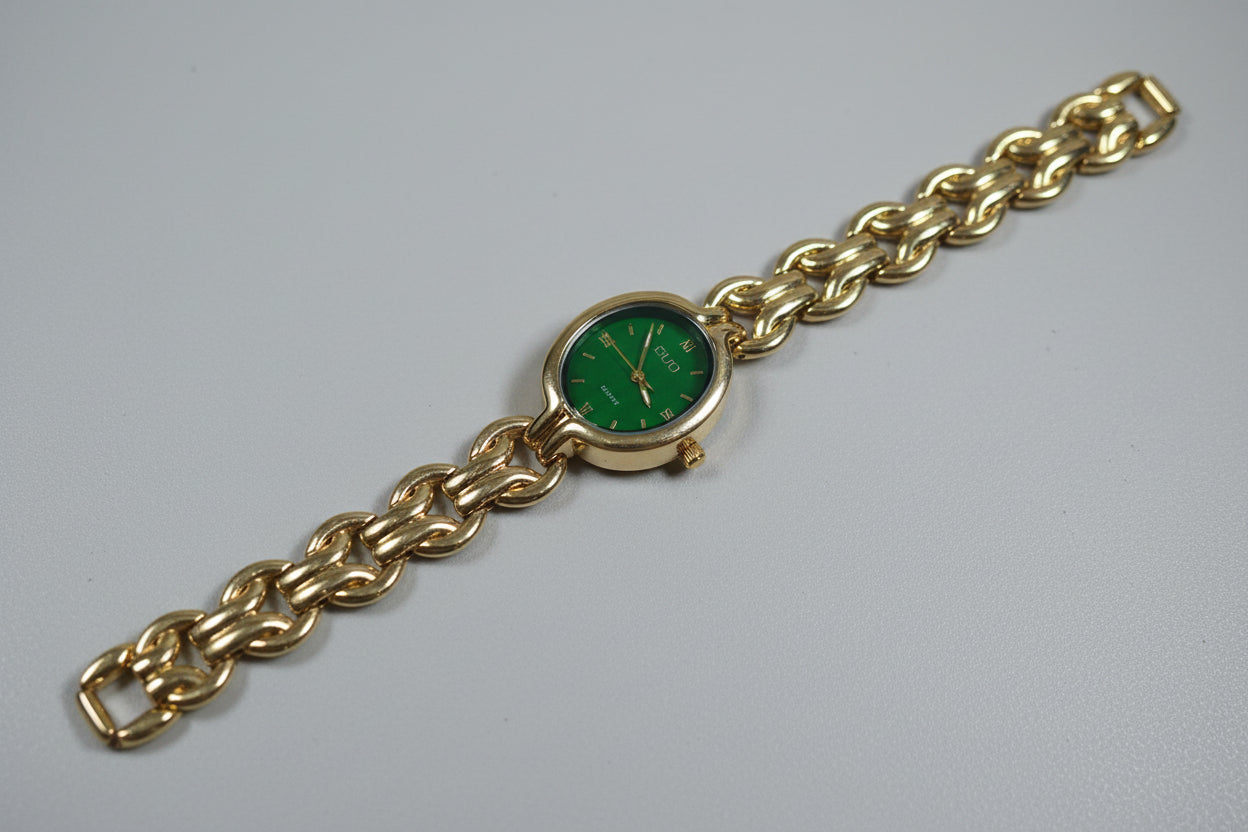 Luxury Gold Chain Watch for Women | Emerald Green Dial Statement Bracelet Watch