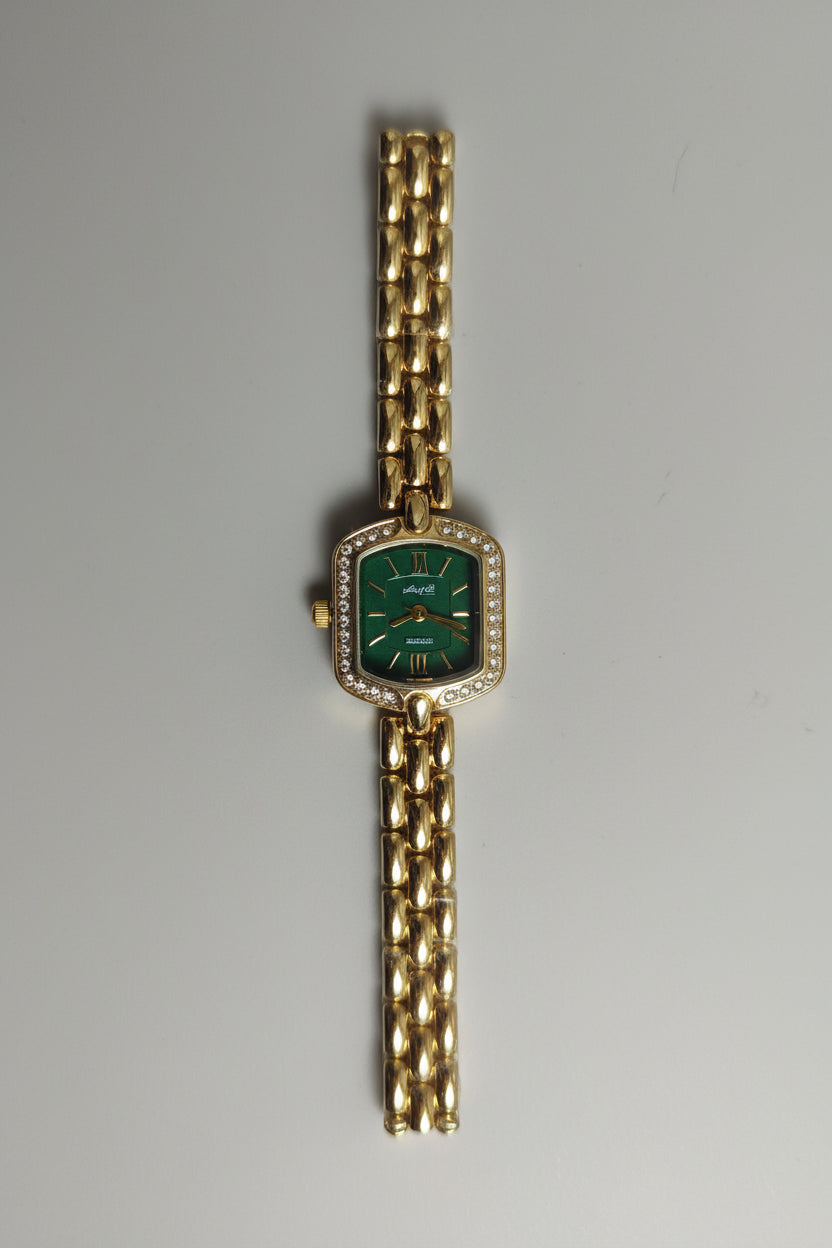 Luxury Green Dial Crystal Frame Watch for Women | Gold Bracelet Statement Watch