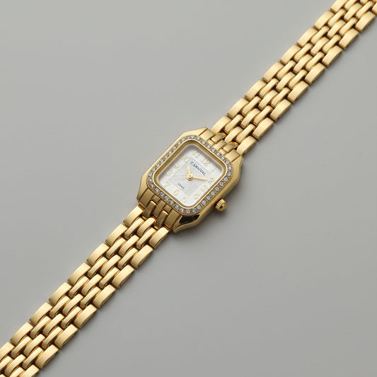 Elegant Gold Crystal Square Dial Watch for Women | Vintage Bracelet Wrist Watch
