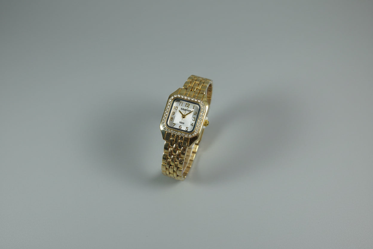 Elegant Gold Crystal Square Dial Watch for Women | Vintage Bracelet Wrist Watch