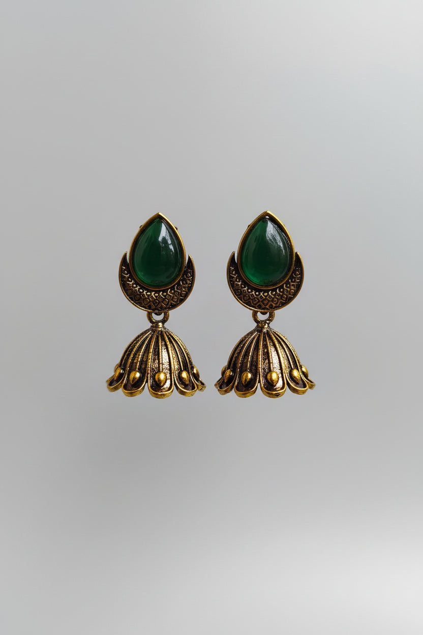 Neetanjli Drops :Antique Gold Green Stone Stud Earrings