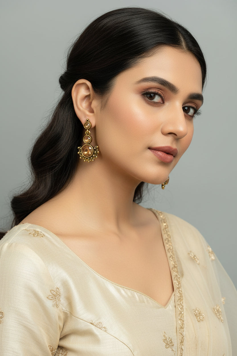 SAANJH TARA :Antique Gold-Plated Brown Stone Drop Earrings | Ethnic Statement Jewelry